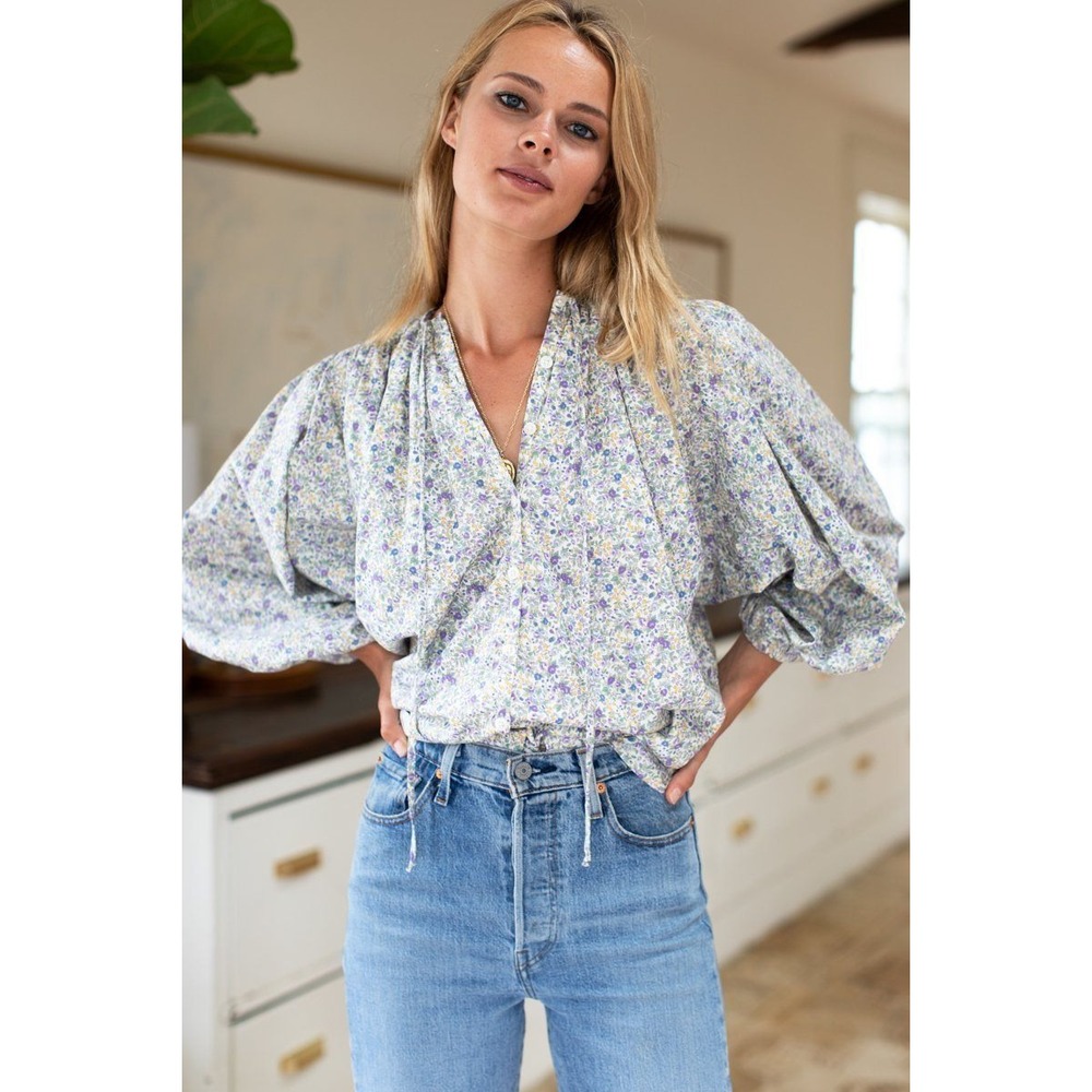 Emerson Fry Elina Peasant Blouse Blue Floral Oversized Prairie Cottagecore Sz M